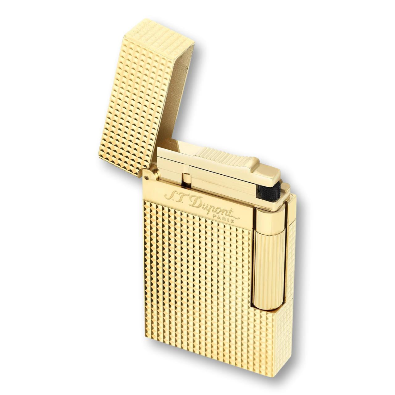 S.T. Dupont Line 2 Double Soft Flame Cigar Lighter - Diamond Head Gold - Lid Flipped Open