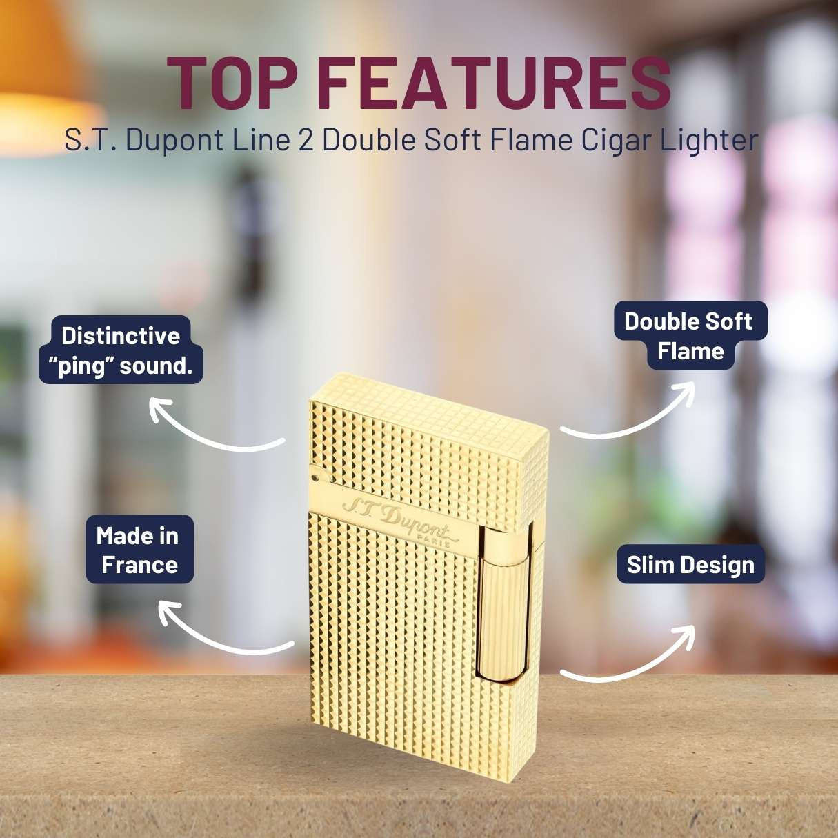 S.T. Dupont Line 2 Double Soft Flame Cigar Lighter - Diamond Head Gold - Top Features