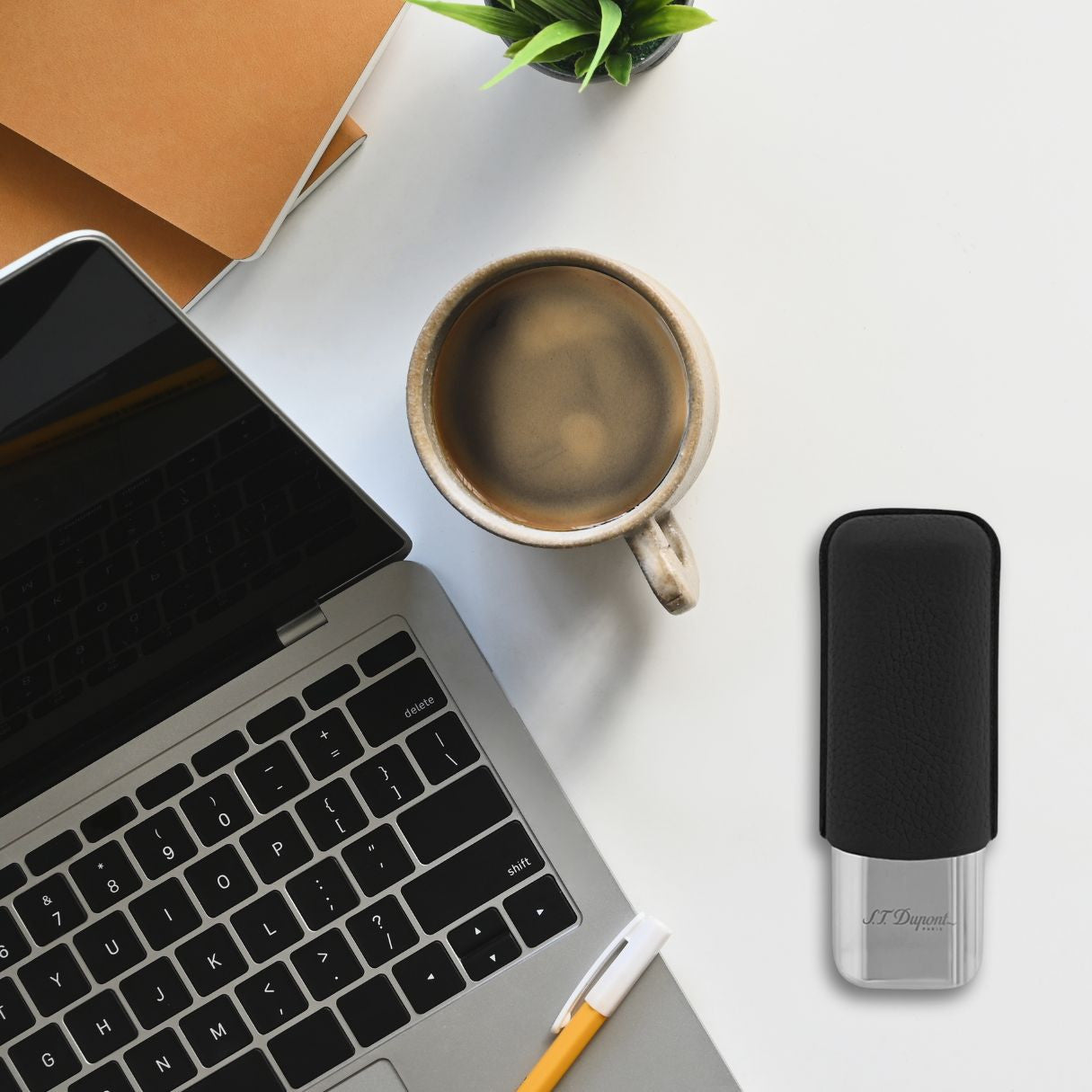 S.T. Dupont Leather and Chrome Metal 2-Finger Hard Cigar Cases - Black and Chrome - Flatlay