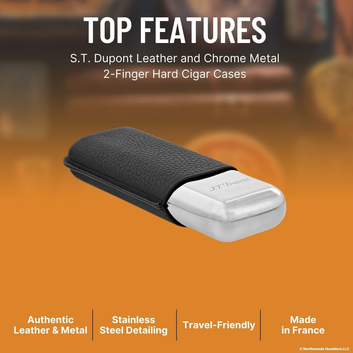 S.T. Dupont Leather and Chrome Metal 2-Finger Hard Cigar Cases - Black and Chrome - Top Features