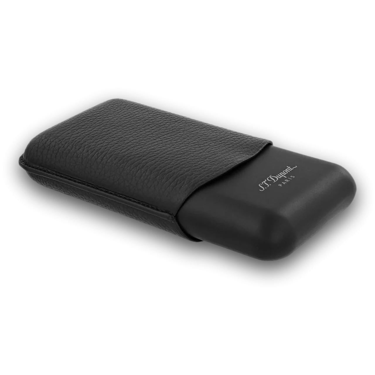 S.T. Dupont Leather and Matte Black Metal 3-Finger Hard Cigar Cases - Black and Matte Black - Lay Flat