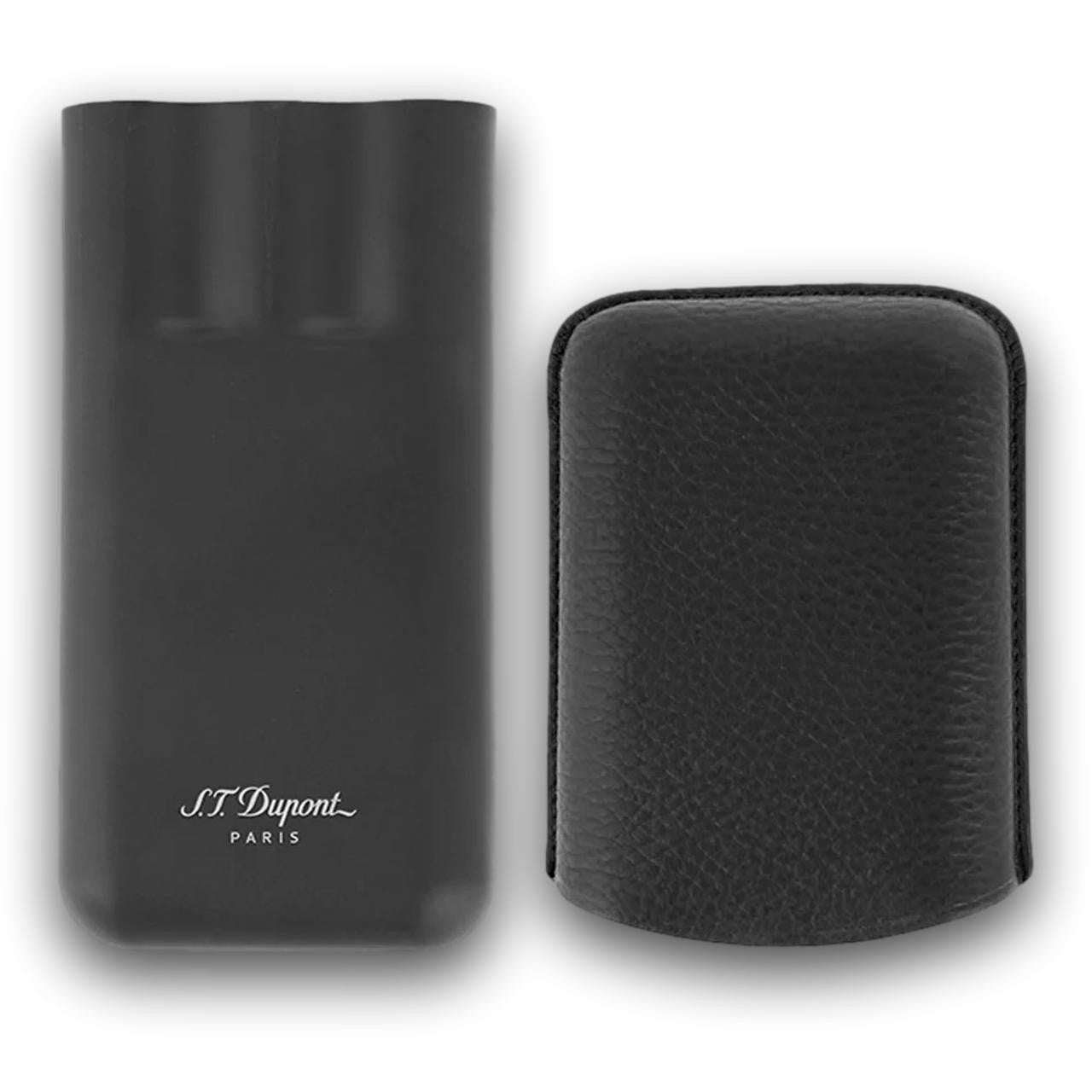 S.T. Dupont Leather and Matte Black Metal 3-Finger Hard Cigar Cases - Black and Matte Black - Lid Open