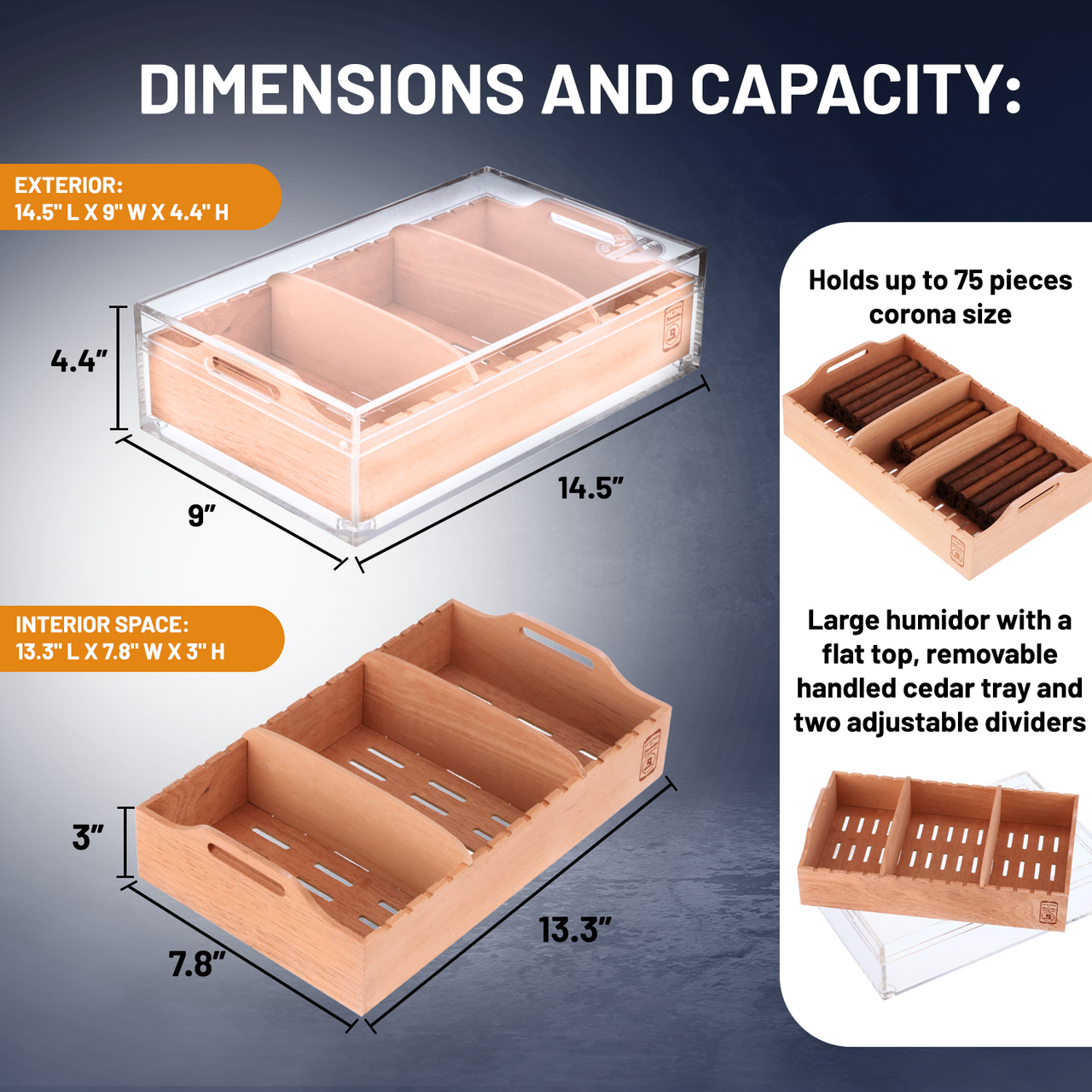 Large Acrylic 75-Cigar Humidor Powered by Boveda - Dimensions and Capacity
