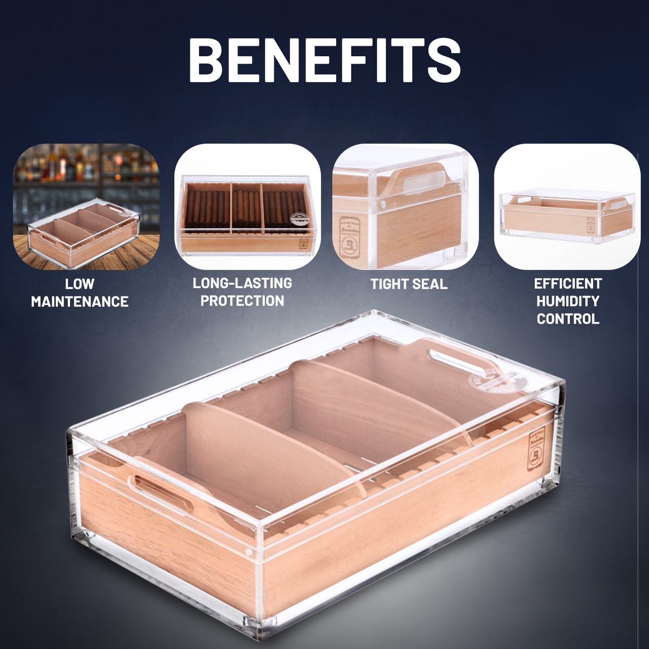 Large Acrylic 75-Cigar Humidor Powered by Boveda - Benefits