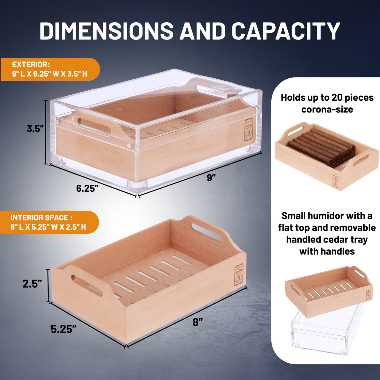 Small Acrylic 20-Cigar Humidor Powered by Boveda - Dimensions and Capacity