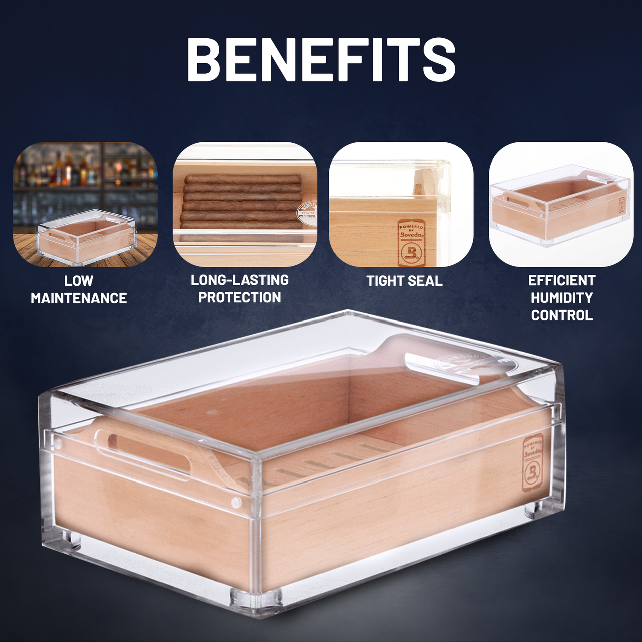 Small Acrylic 20-Cigar Humidor Powered by Boveda