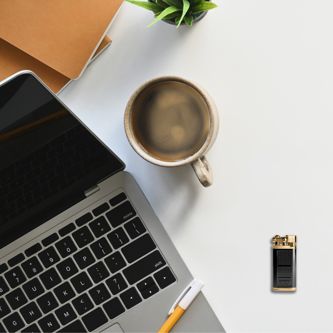 Xikar Pipeline Soft Flame Cigar Lighter - Black and Gold - Flat Lay