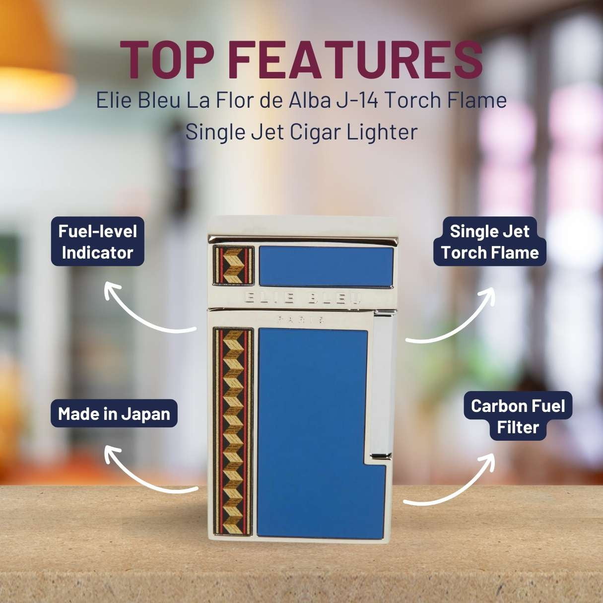 Elie Bleu La Flor de Alba J-14 Torch Flame Single Jet Cigar Lighter - Blue - Top Feature