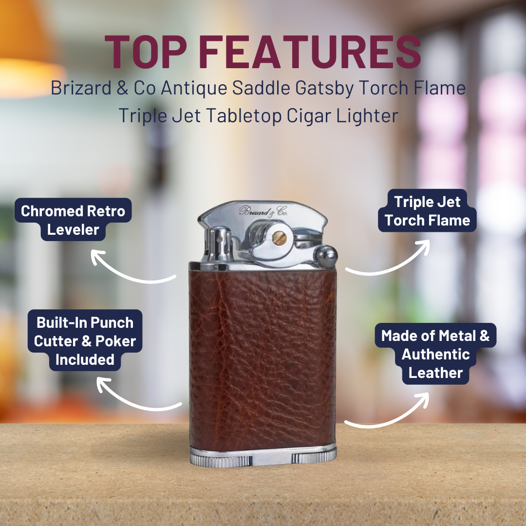 Brizard & Co Antique Saddle Gatsby Torch Flame Triple Jet Tabletop Cigar Lighter - Top Feature