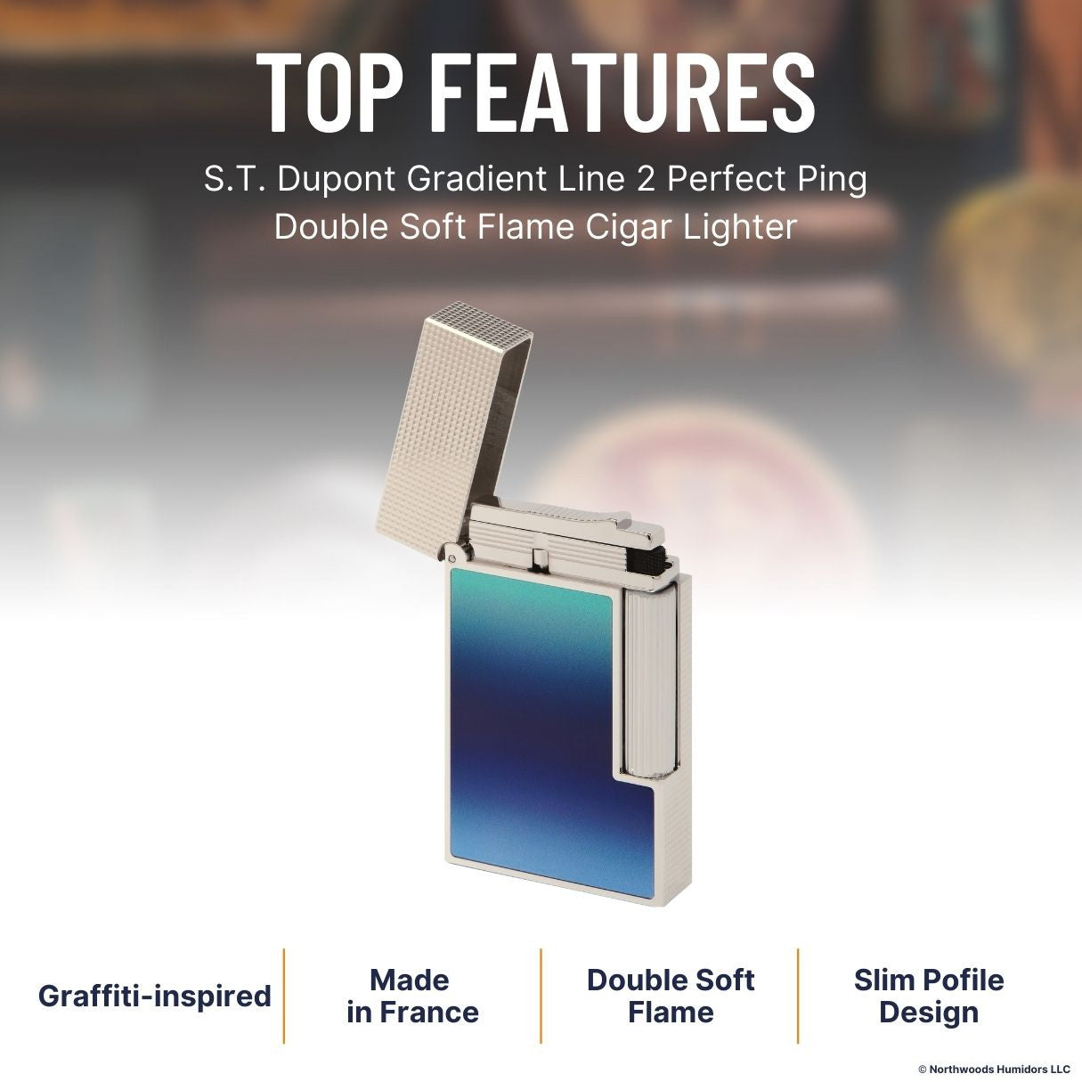 S.T. Dupont Gradient Line 2 Perfect Ping Double Soft Flame Cigar Lighter - Blue Lacquer with Palladium - Top Features