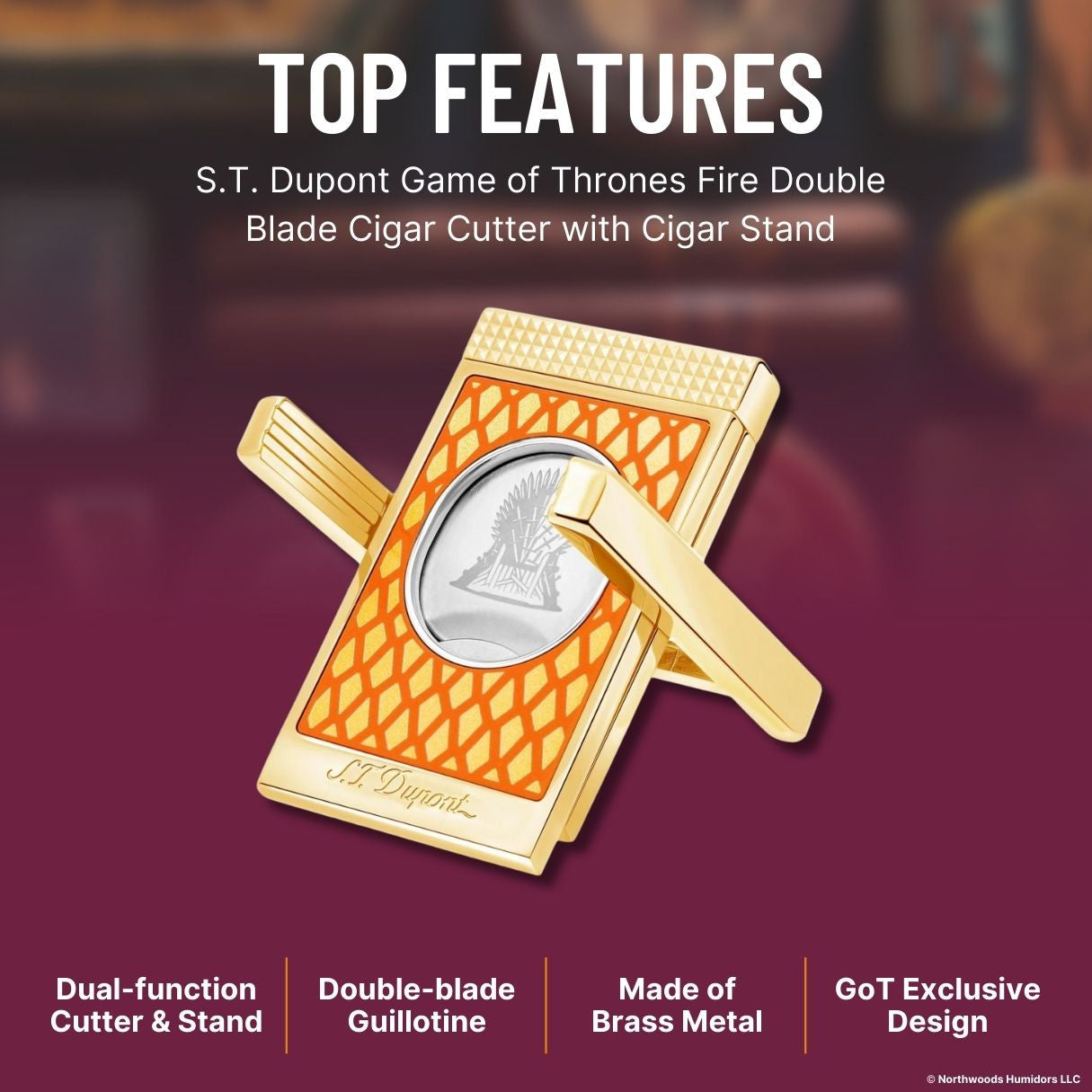 S.T. Dupont Game of Thrones Fire Double Blade Cigar Cutter with Cigar Stand - Top Features