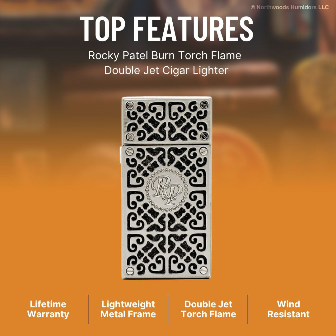 Rocky Patel Burn Torch Flame Double Jet Cigar Lighter - Black & Gunmetal - Top Features