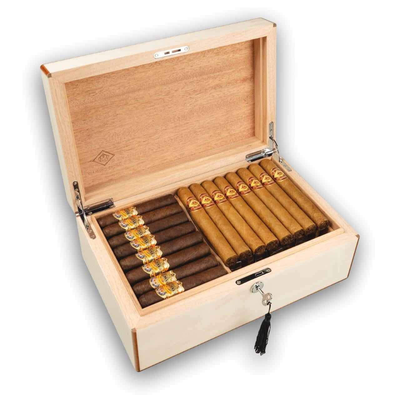 Diamond Crown Camden 90-Cigar Desktop Humidor - Lid Flipped Open