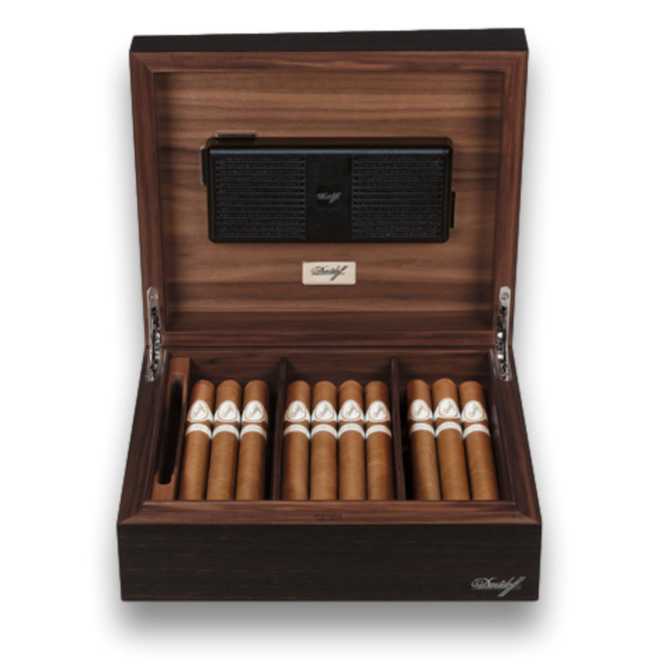 Davidoff Air De Famille Series I Smoked Oak Primos Matt 35-Cigar Desktop Humidors - Lid Flipped Open with Cigars