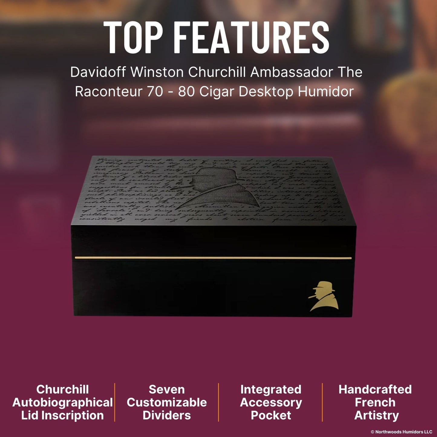 Davidoff Winston Churchill Ambassador The Raconteur 70 - 80 Cigar Desktop Humidor - Top Features Image