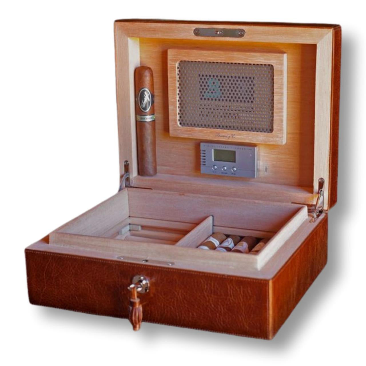 Brizard & Co Airflow Antique Saddle 80-Cigar Desktop Humidor - Lid Flipped Open