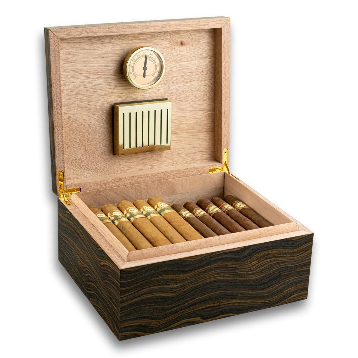 Craftsmans Bench Calico 65-Cigar Desktop Humidor - Lid Flipped Open