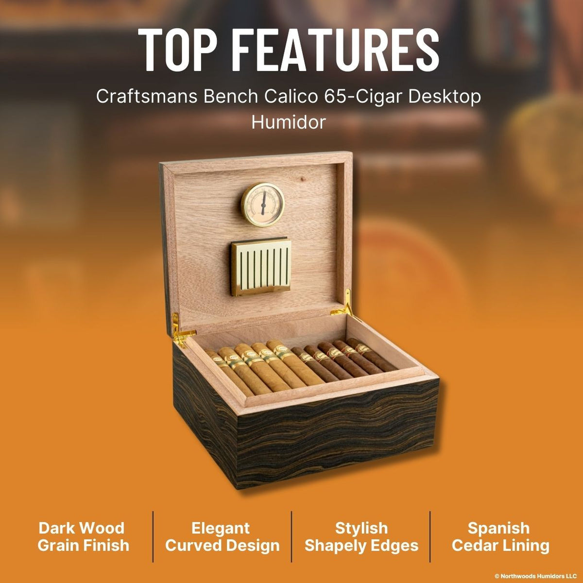 Craftsmans Bench Calico 65-Cigar Desktop Humidor - Top Features