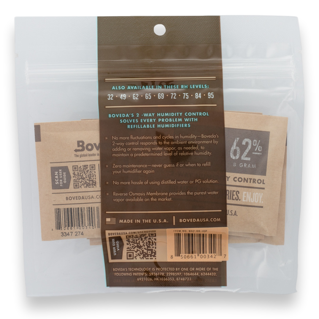 Boveda 62% Humidity Packs - 10-Count, Small 8g  - Packaging - Exterior - Back