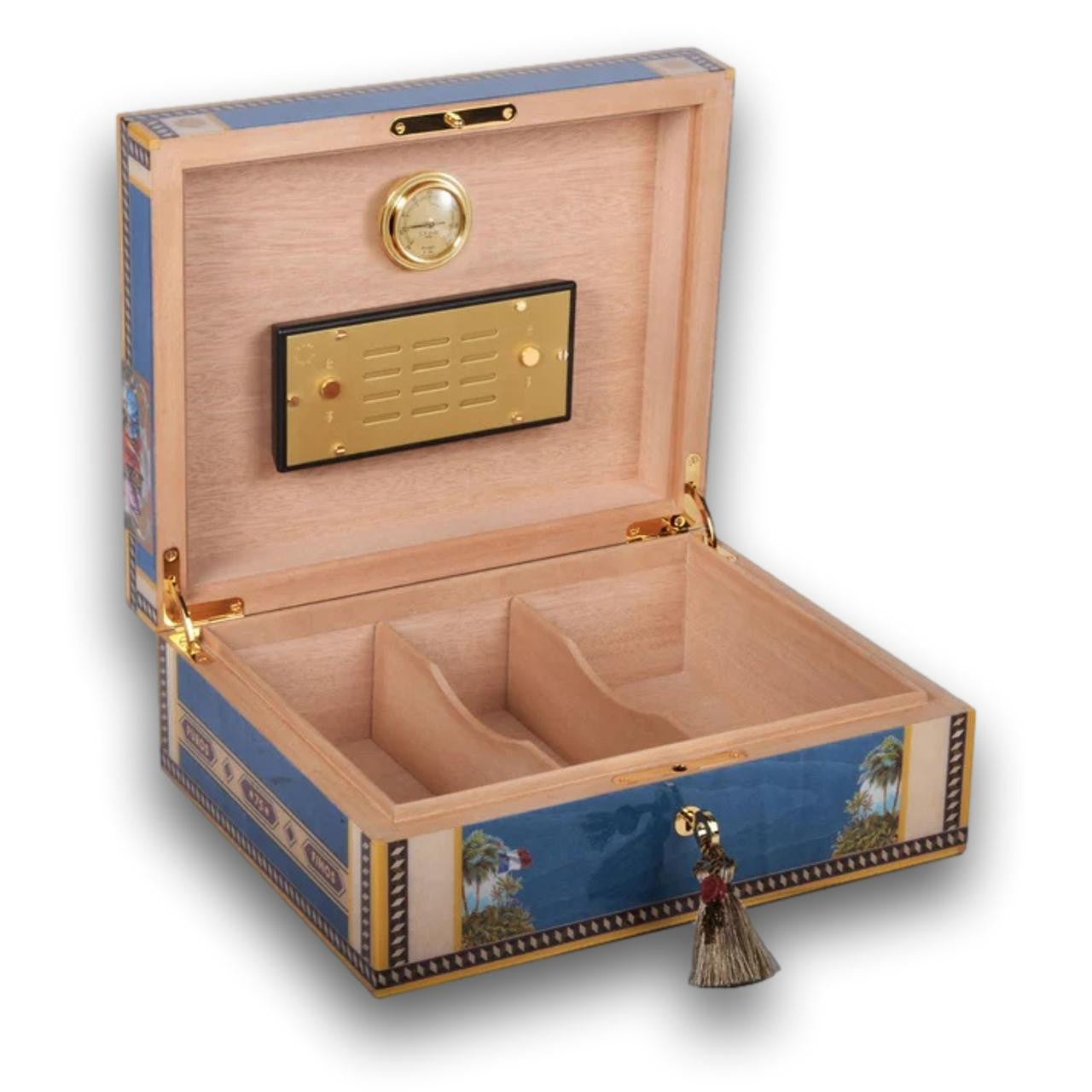 Elie Bleu Alba 75-Cigar Desktop Humidor - Blue - Lid Flipped Open
