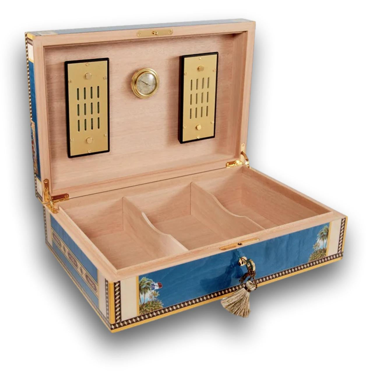 Elie Bleu Alba 110-Cigar Desktop Humidor - Blue -Lid Flipped Open