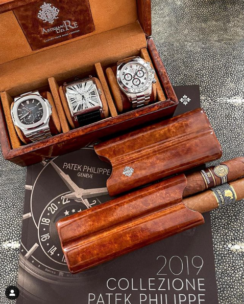 Artigiani Del Re Primo Fiore Leather 2-Finger Cigar Case - 2020 Limited Edition Collection - Walnut Root - Lifestyle with Cigars