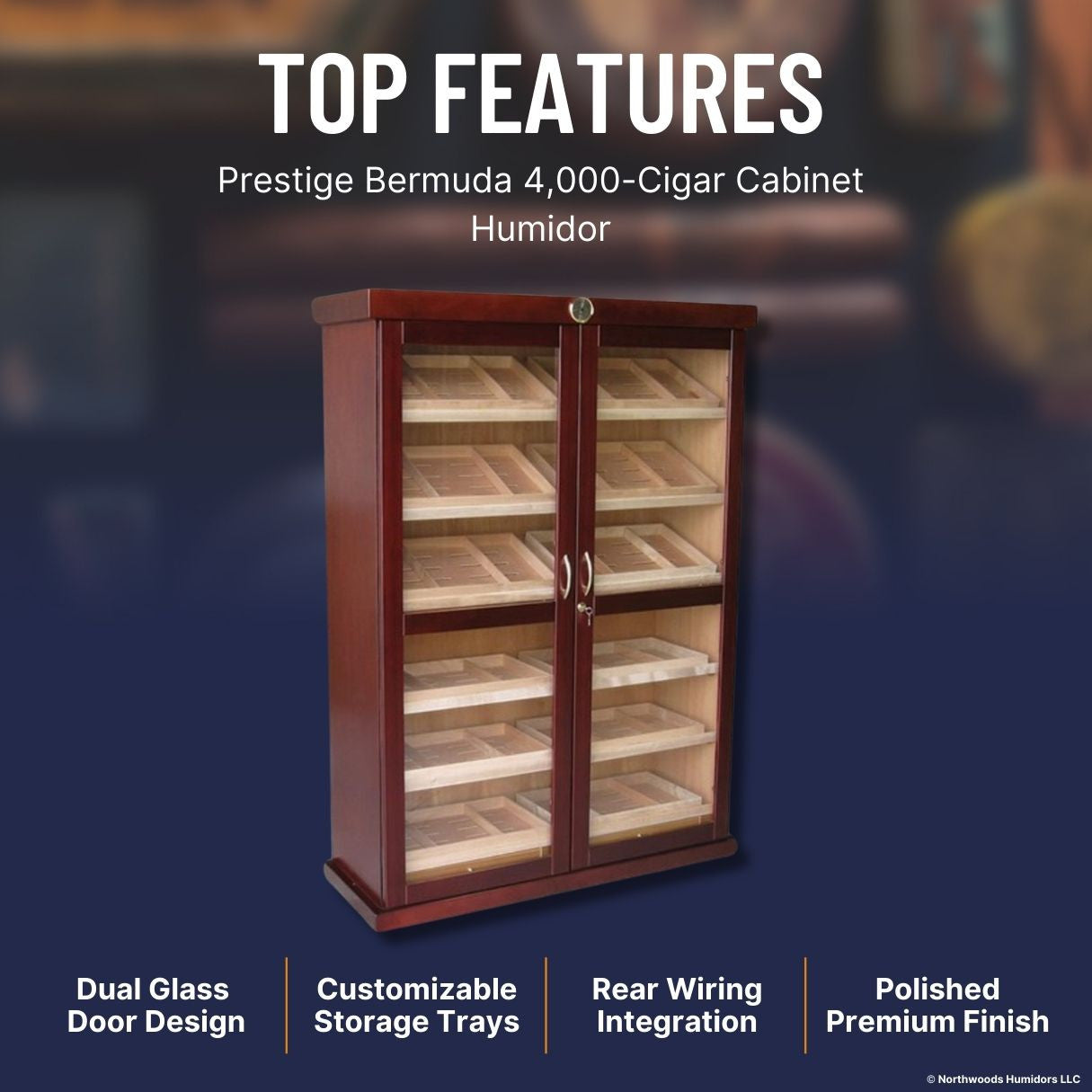 Prestige Bermuda 4,000-Cigar Cabinet Humidor - Top Features