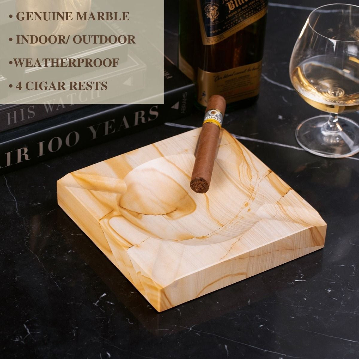 Bey-Berk Marble 4-Cigar Ashtray - Natural - Exterior Front Lifestyle