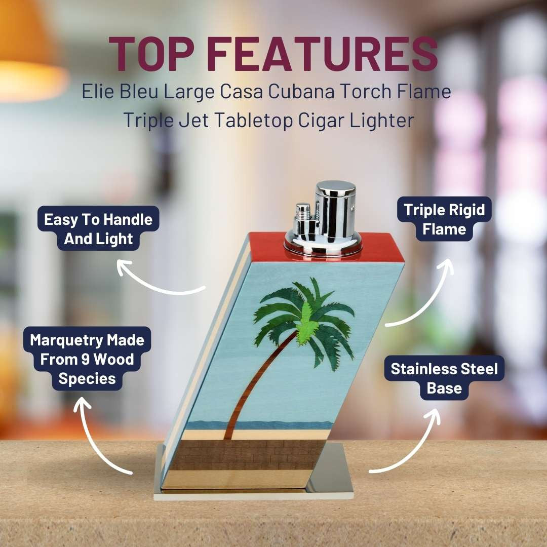 Elie Bleu Large Casa Cubana Torch Flame Triple Jet Tabletop Cigar Lighter - Top Features