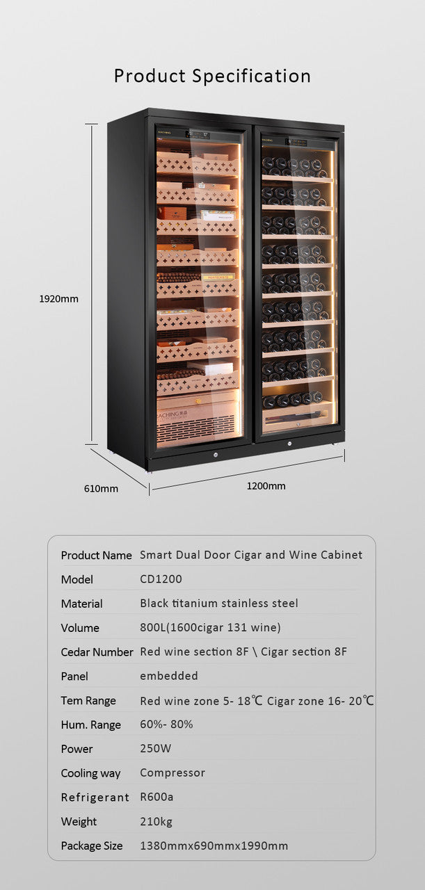 Raching CD1200 Climate Control Stainless Steel Double Door 3,200-Cigar Electric Humidor Specifications