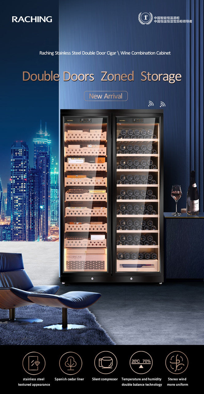 Raching CD1200 Climate Control Stainless Steel Double Door 3,200-Cigar Electric Humidor Specifications