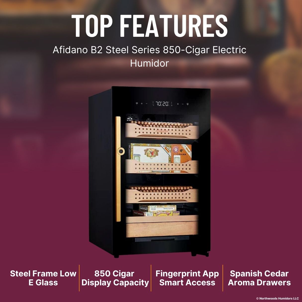 Afidano B2 Steel Series 850-Cigar Electric Humidor - Top Features