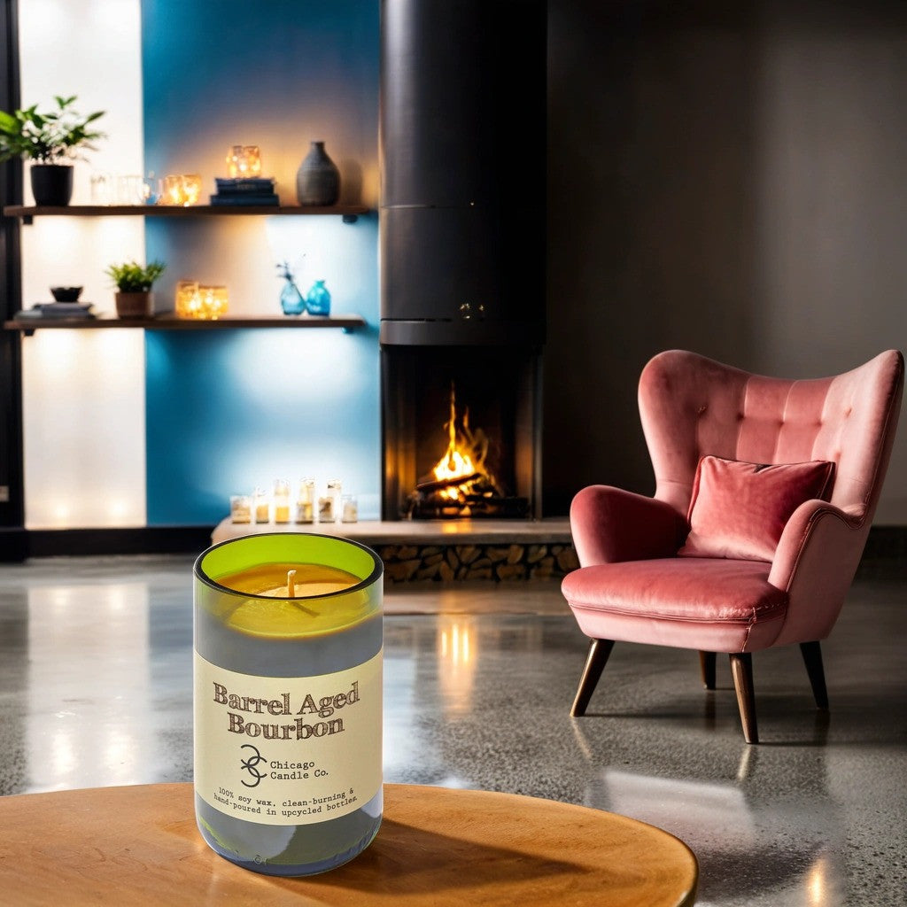 Chicago Candle Co Barrel Aged Bourbon Candle - Green Wine Bottle - Lifestyle