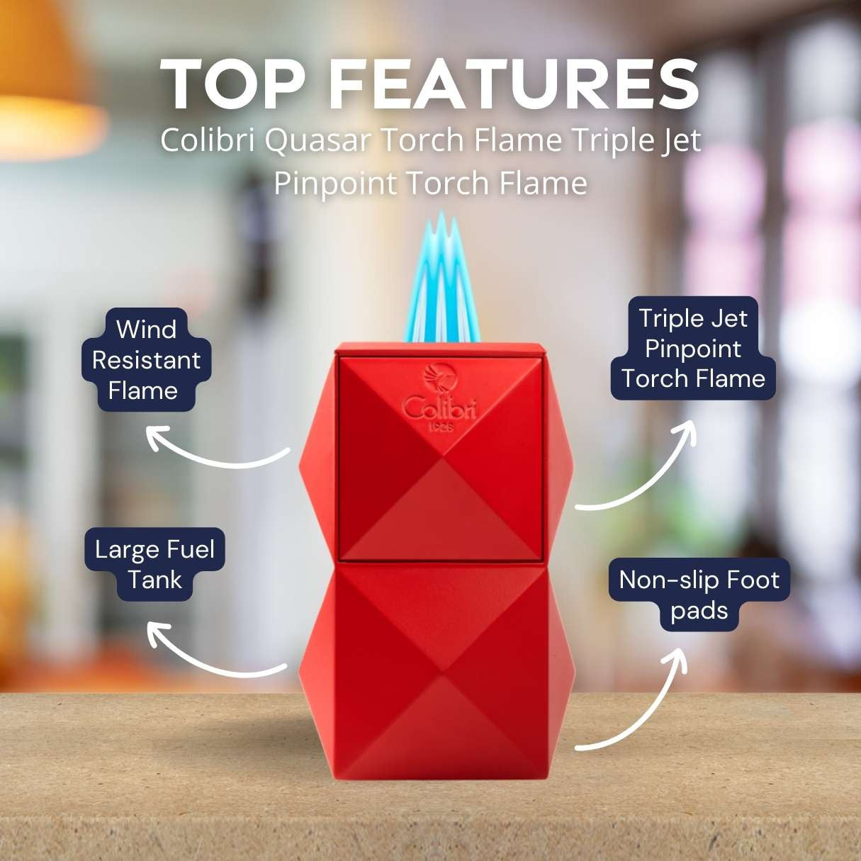 Colibri Quasar Torch Flame Triple Jet Tabletop Cigar Lighter - Red - Top Features