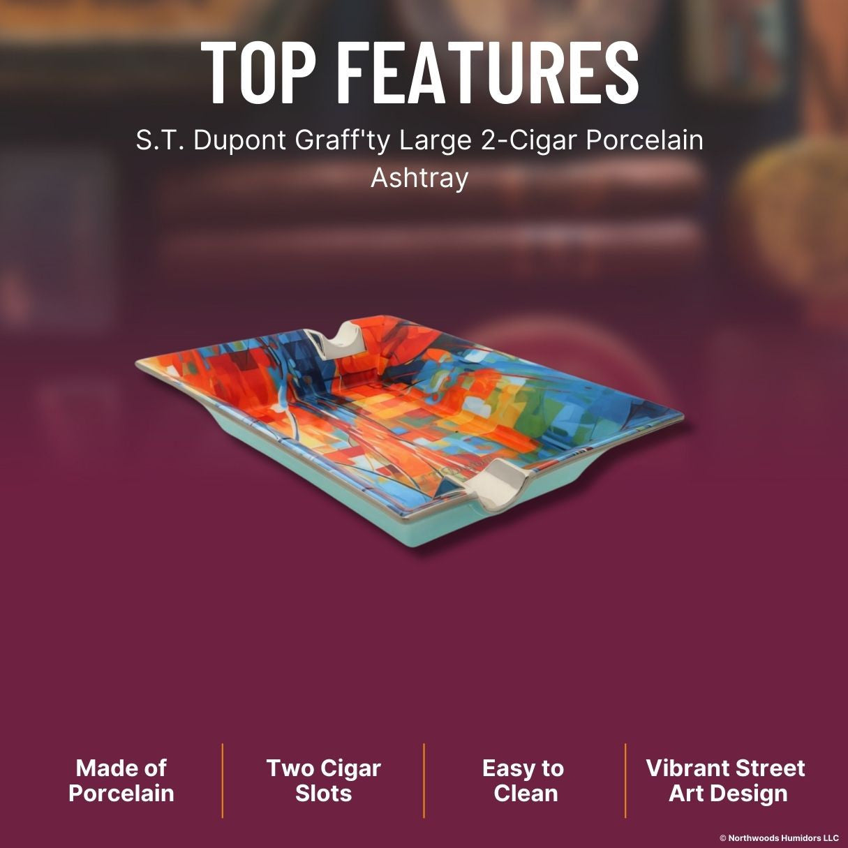 S.T. Dupont Graff'ty Large 2-Cigar Porcelain Ashtray - Top Features