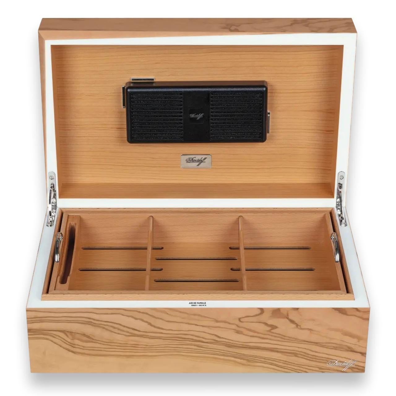 Davidoff Air De Famille Series I Olive Wood Ambassador 80-Cigar Desktop Humidors - Lid Flipped Open