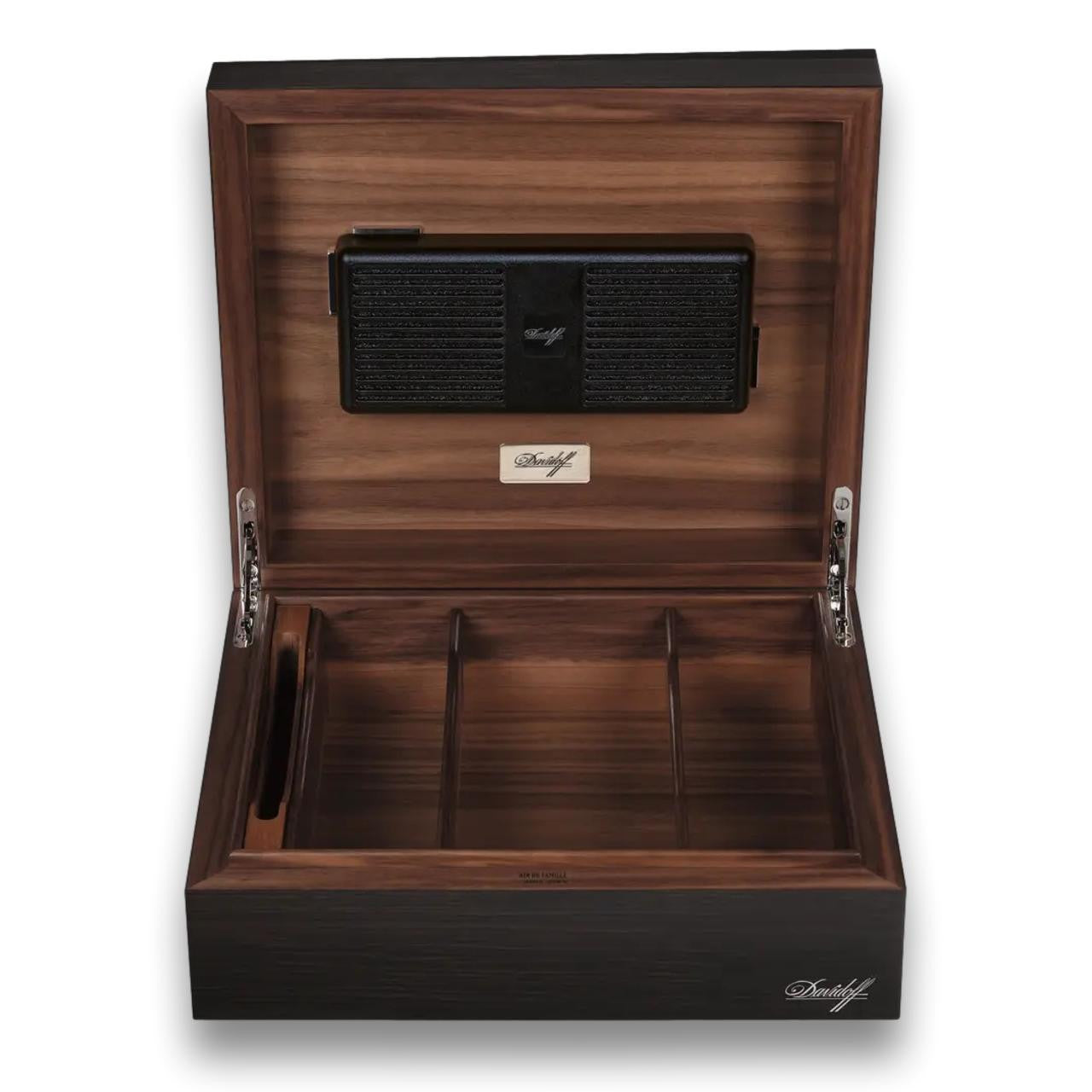 Davidoff Air De Famille Series II Smoked Oak Primos Brilliant 35-Cigar Desktop Humidors - Lid Flipped Open