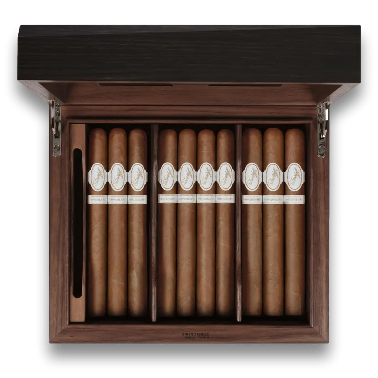Davidoff Air De Famille Series II Smoked Oak Primos Brilliant 35-Cigar Desktop Humidors - Lid Flipped Open with Cigars