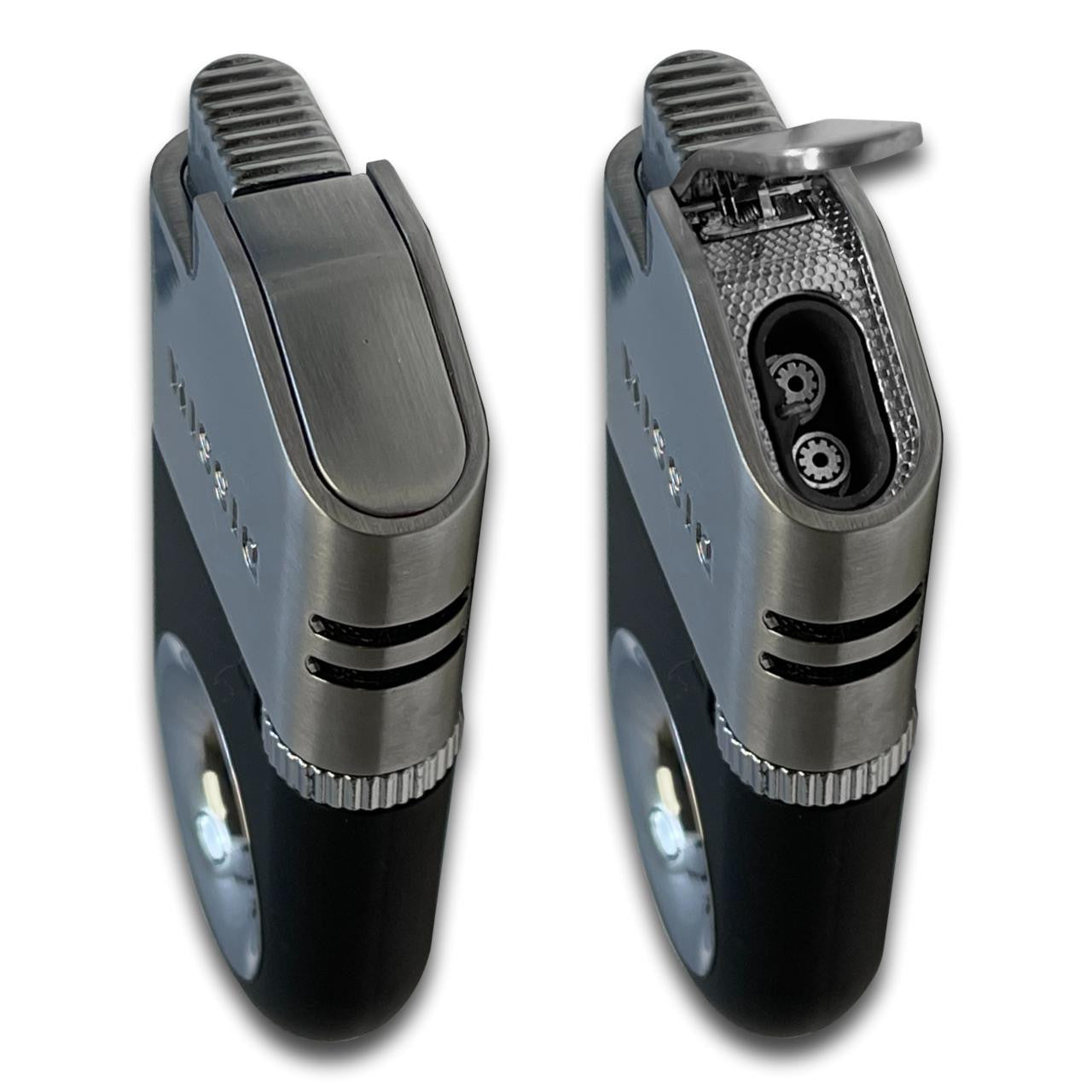Dissim Executive Inverted Torch Flame Double Jet Cigar Lighter - Silver - Lid Flipped Open