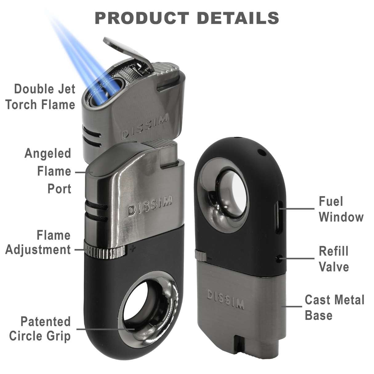 Dissim Executive Inverted Torch Flame Double Jet Cigar Lighter - Silver - Top Features
