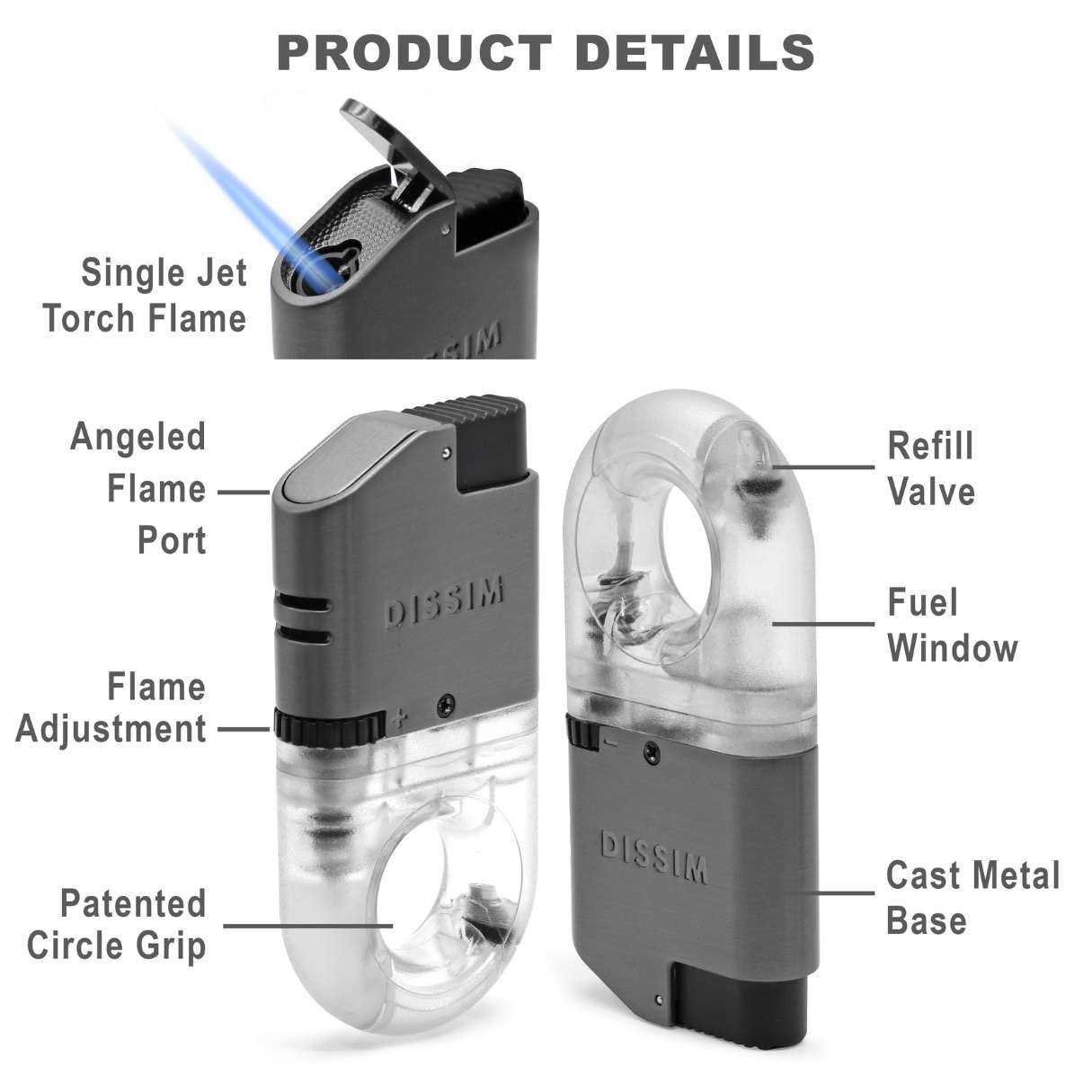 Dissim Sport Inverted Torch Flame Cigar Lighter - Black - Top Features