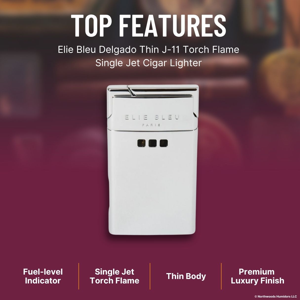 Elie Bleu Delgado Thin J-11 Torch Flame Single Jet Cigar Lighter - Mirror Finish - Top Feature