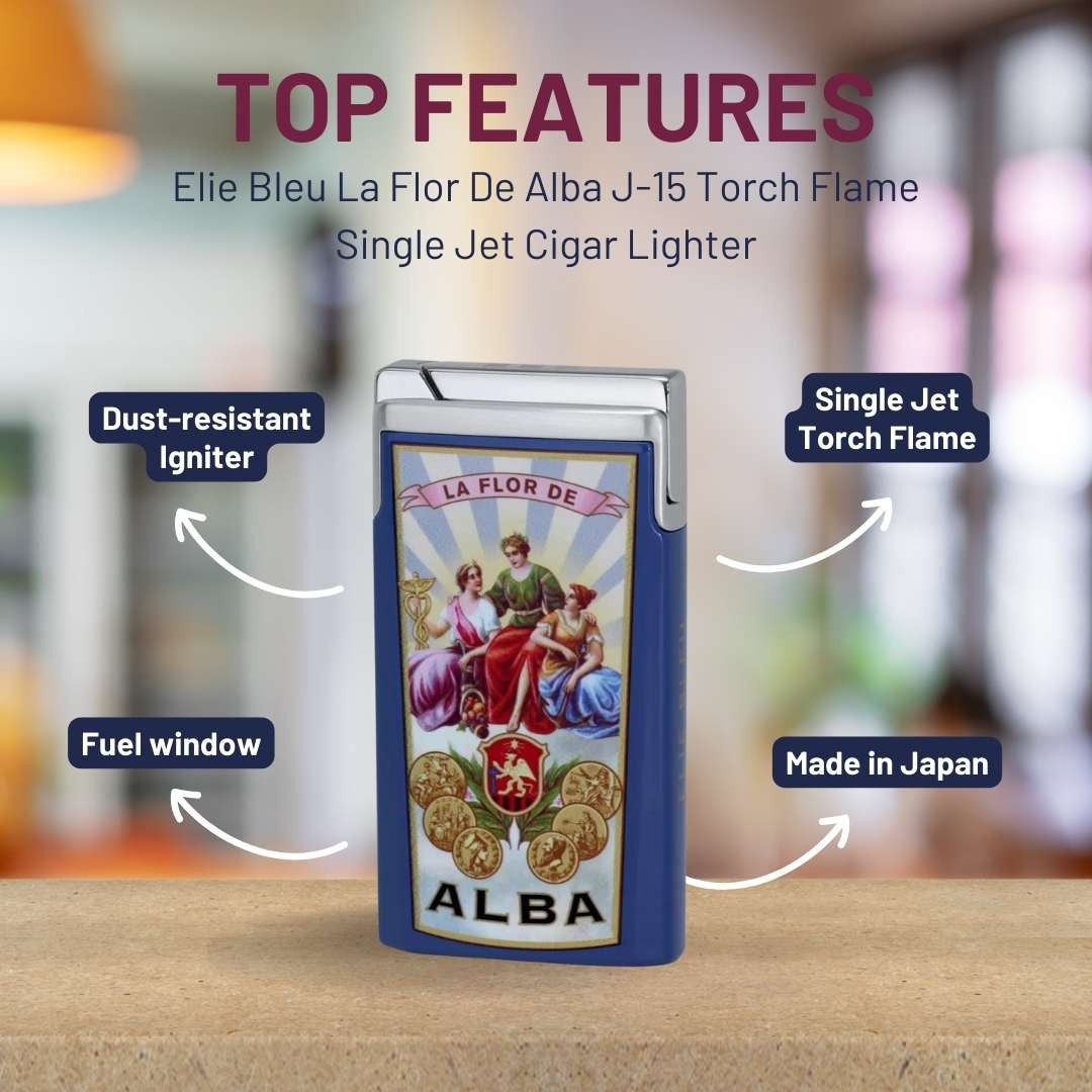 Elie Bleu La Flor De Alba J-15 Torch Flame Single Jet Cigar Lighter - Blue - Top Features