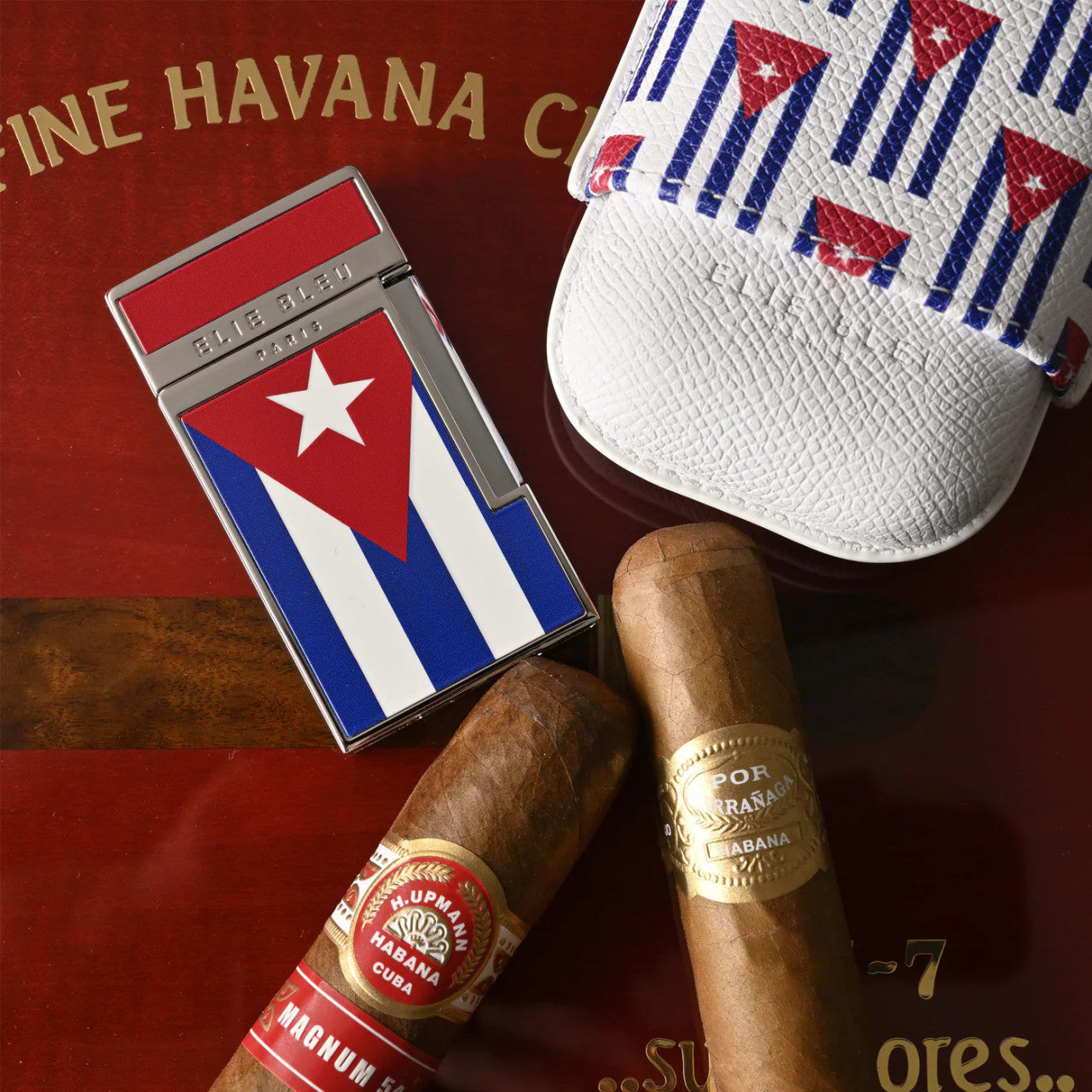 Elie Bleu Small Cubana Flags Leather 2-Finger Soft Cigar Case - Lifestyle
