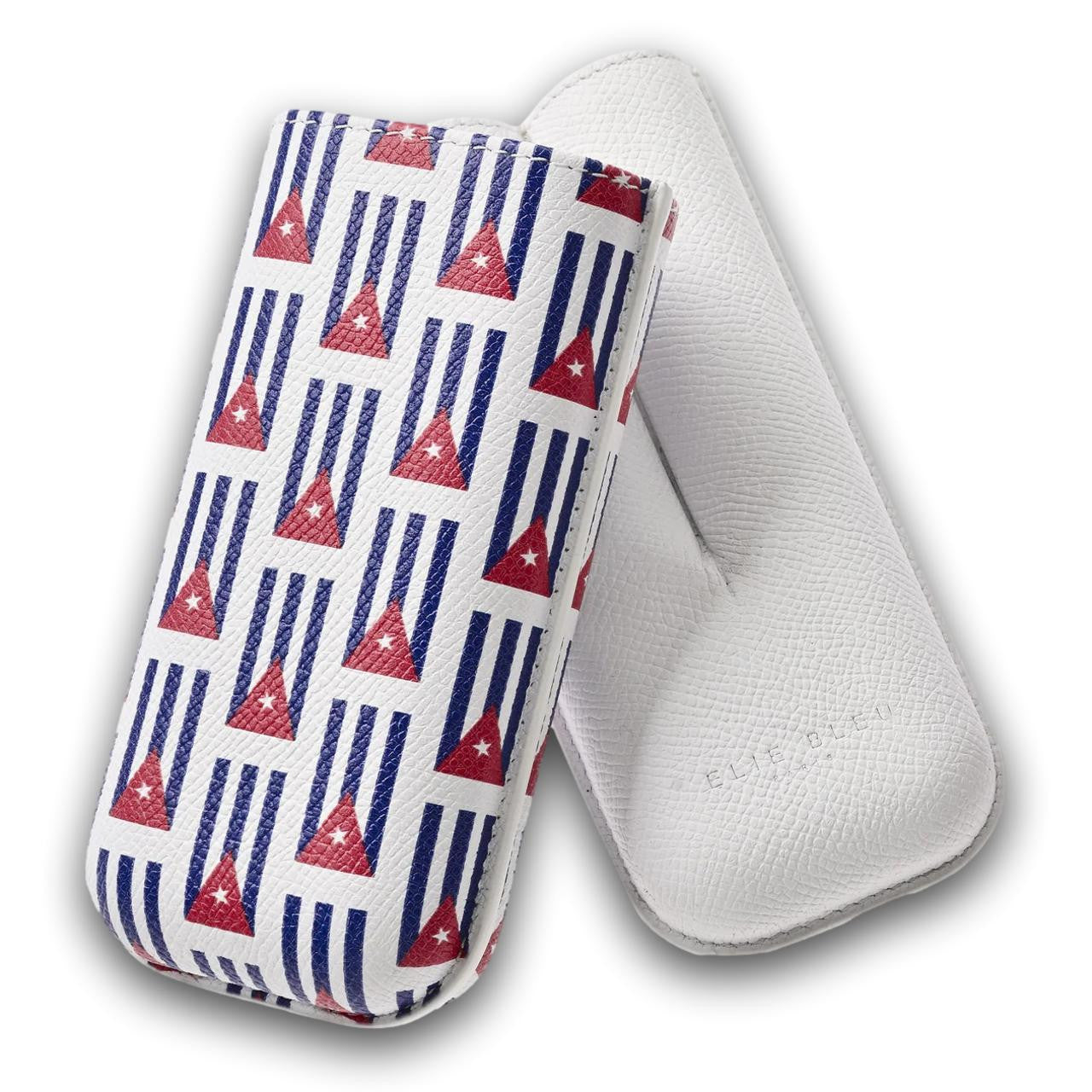 Elie Bleu Small Cubana Flags Leather 2-Finger Soft Cigar Case - Lid open