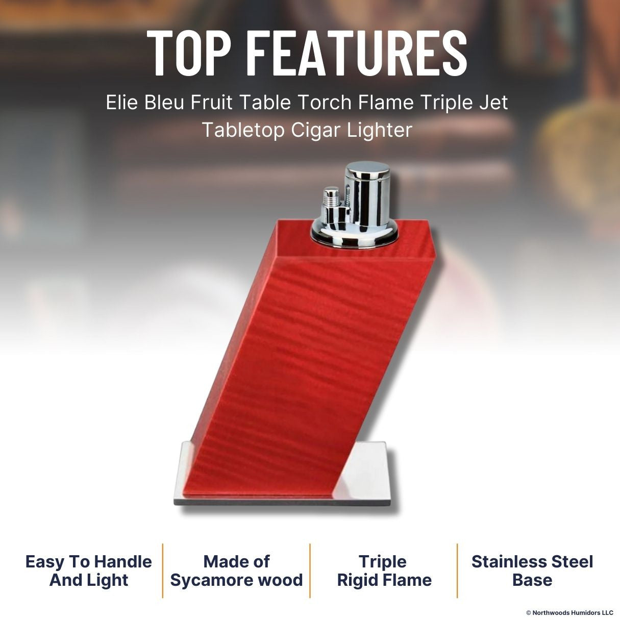 Elie Bleu Fruit Table Torch Flame Triple Jet Tabletop Cigar Lighter - Red - Top Features