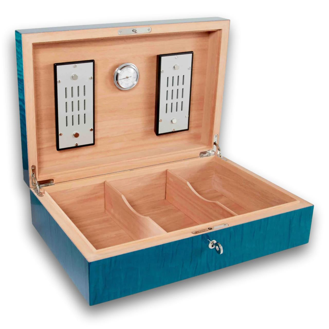 Elie Bleu Fruit 110-Cigar Desktop Humidor - Blue - Lid Flipped Open