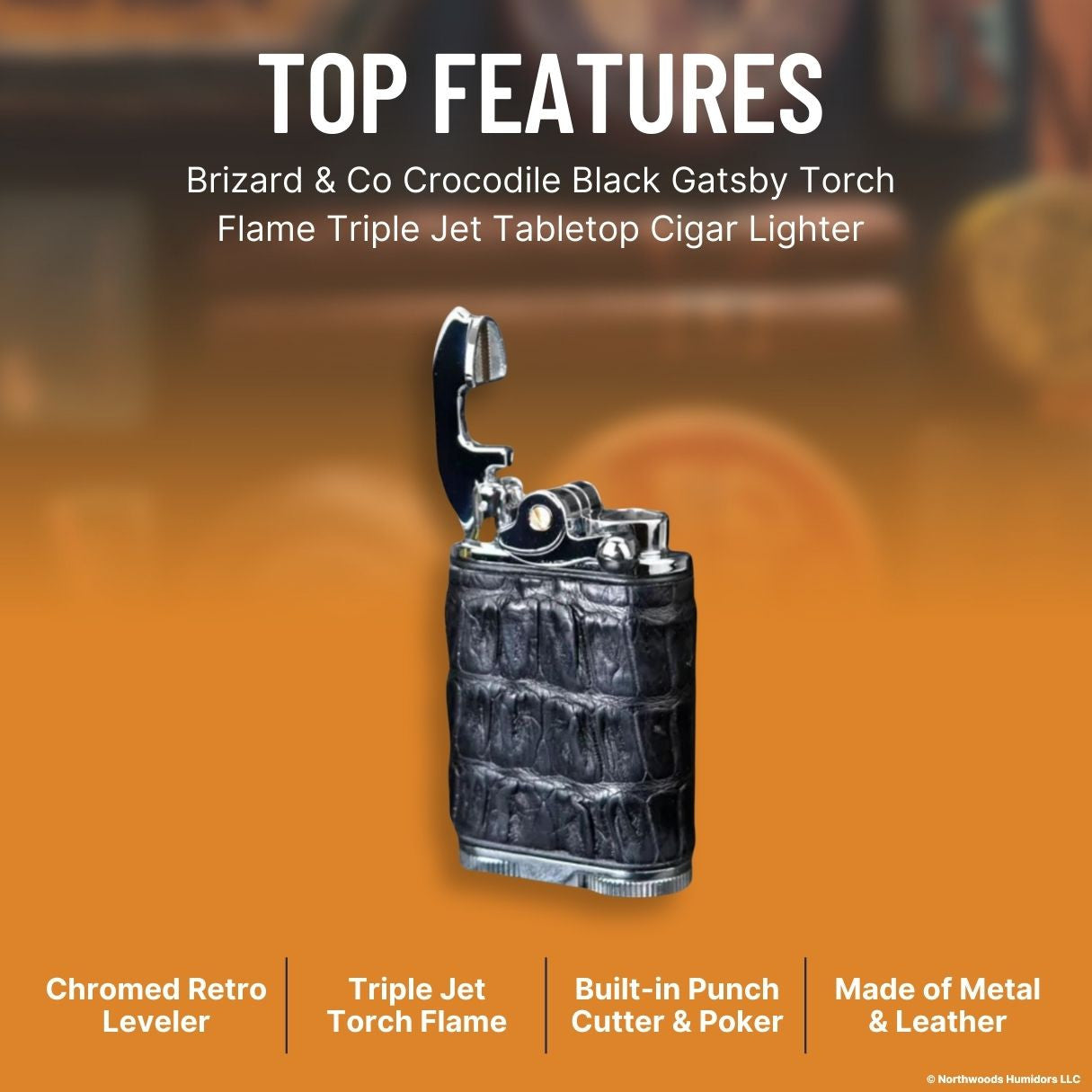 Brizard & Co Crocodile Black Gatsby Torch Flame Triple Jet Tabletop Cigar Lighter - Top Features