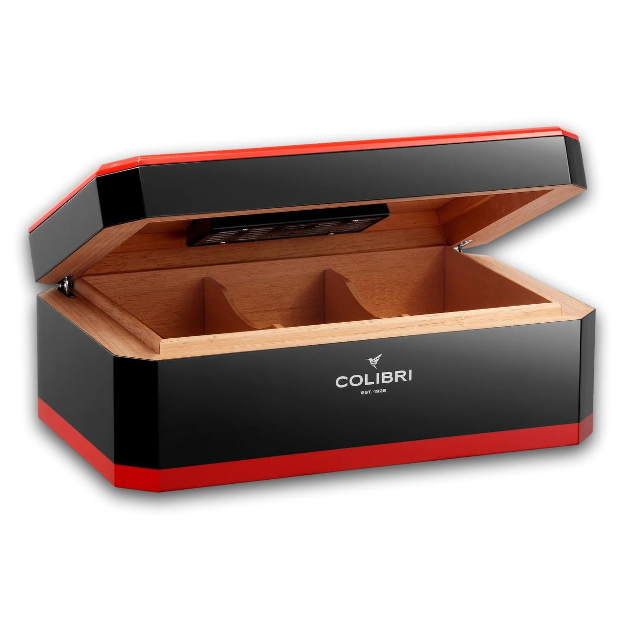 Colibri Rally 125-Cigar Desktop Humidors - Black + Red - Lid Flipped Open