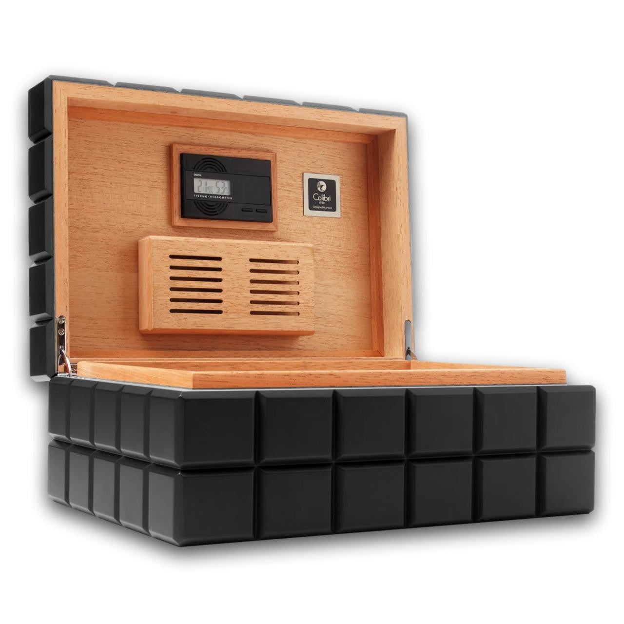 Colibri Heritage 125-Cigar Desktop Humidors - Black - Lid Flipped Open